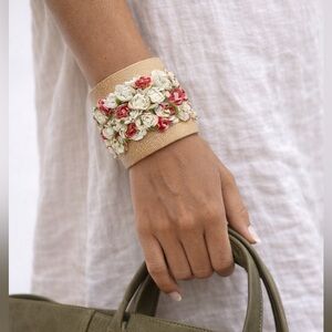 NWT Boho Floral Leather Cuff Bracelet | Romantic Handmade Statement Wrist Cuff